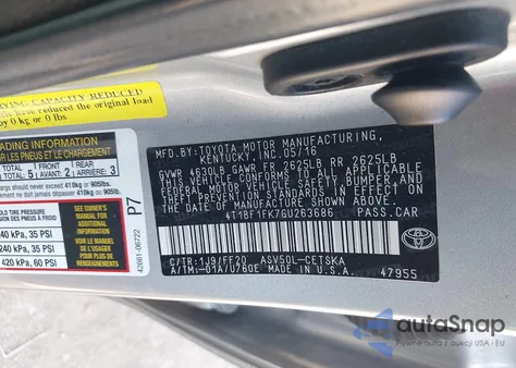 2016 Toyota Camry Se из США, поврежденный, VIN 4T1BF1FK7GU263686